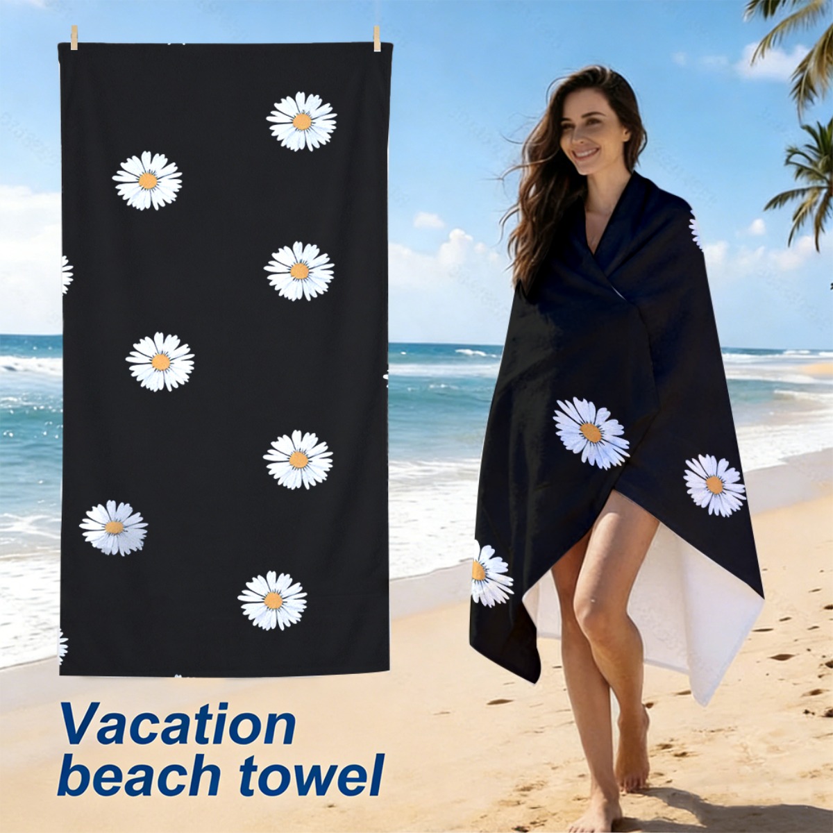 1pc Black Beach Towel with Whi - Yoga Fitness Holiday avis et prix